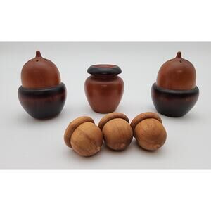 Vintage Hand-Carved Wooden Acorn Salt & Pepper Shakers + Toothpick Holder Set